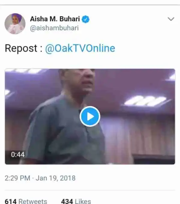 Aisha Buhari Also Reposts Video Of Senator Ben Bruce Criticising FG. See Reactions